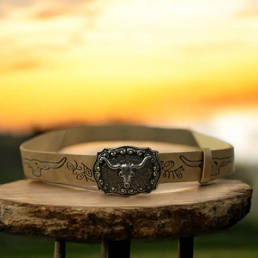 Western Brown Floral Leather Antique Gold Silver Cow Skull Belt NWT